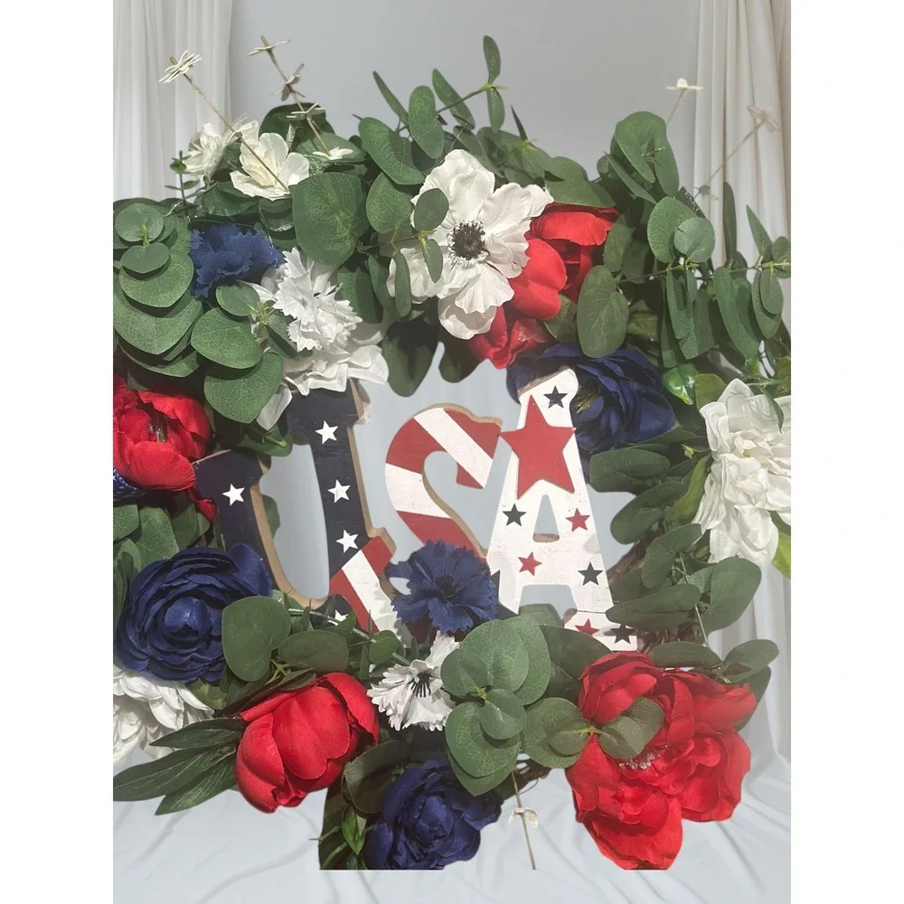 Patriotic USA Wreath, Red White Blue Floral, Veteran Memorial Day